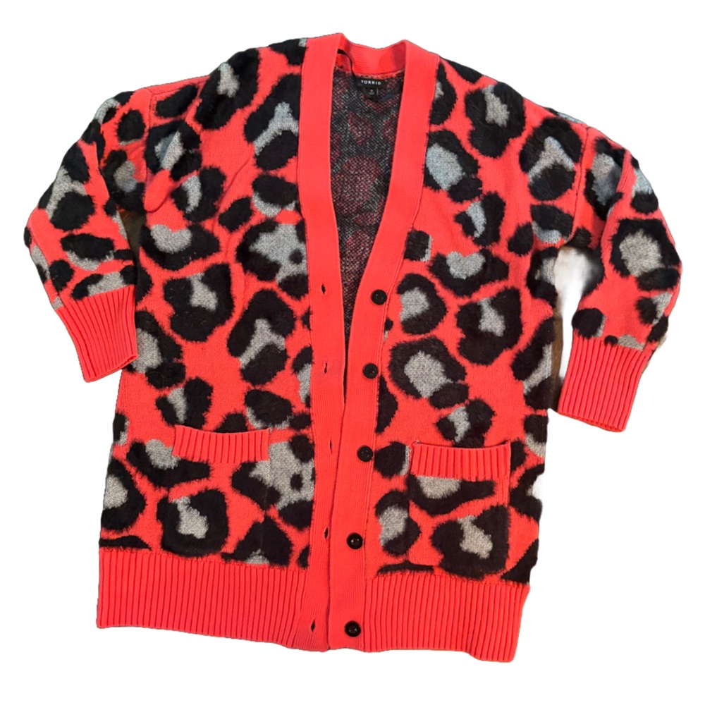 torrid Red Black Gray Leopard Print Cardigan Sweater